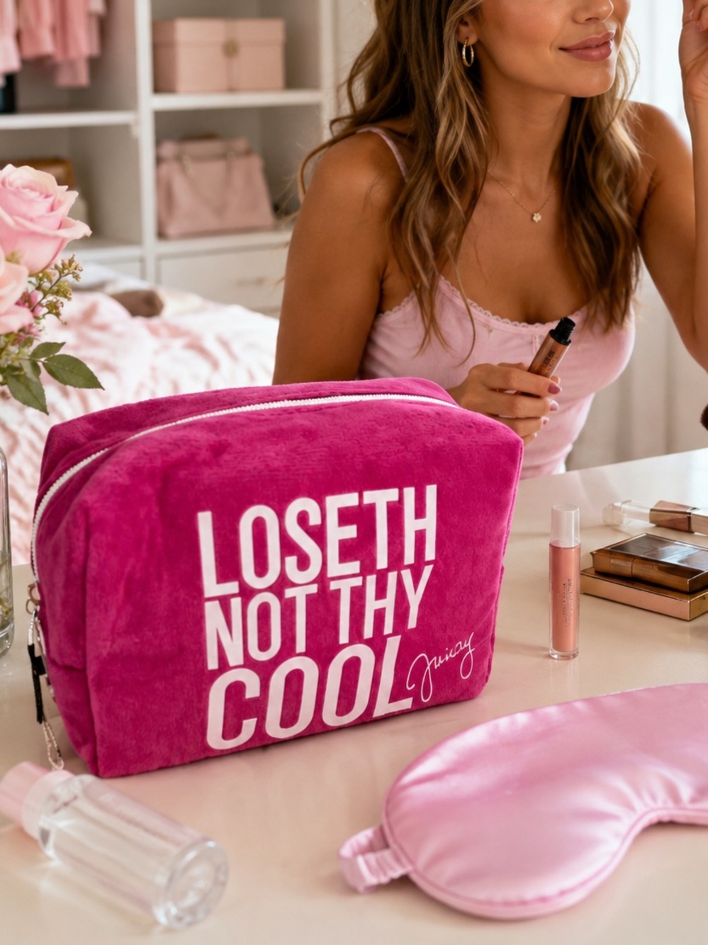 Juicy Couture “Loseth Not Thy Cool” Pink Velour Travel Cosmetic Bag Set NEW